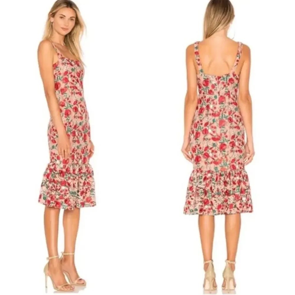 Lovers + Friends Under the Stars Midi Dress Floral Lace Ruffle Cottagecore Nude - Picture 15 of 15